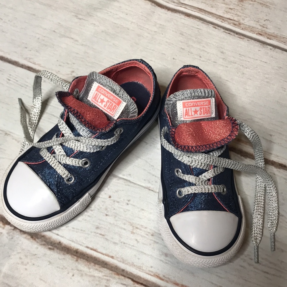 Converse Shoes Sneakers Blue Sparkly Double Tongue Low Top Tie Size Toddler 9